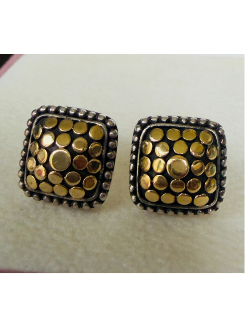 John Hardy Earrings Square Palu Dot Studs Sterling 925 & 18k Yellow Gold 14 mm